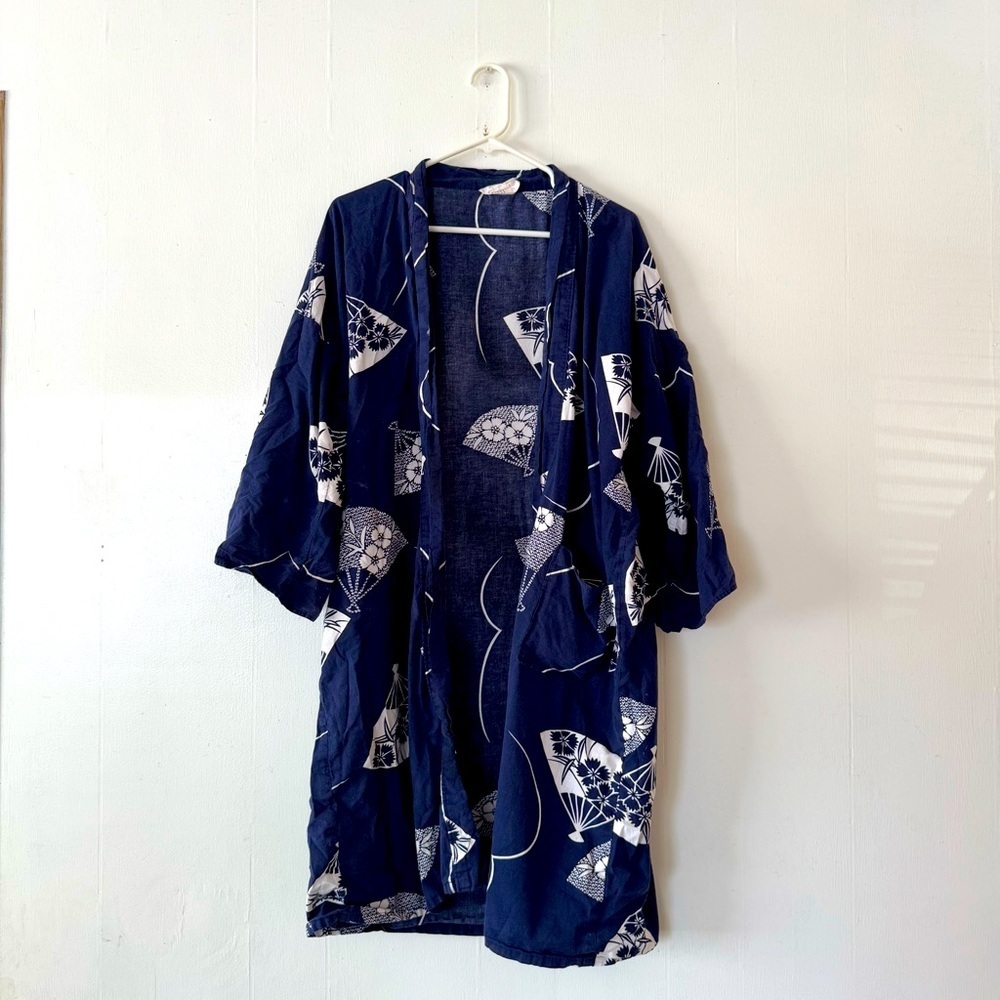 Vintage Kimono Tone Tokyo Japan Folding Fan Blue White Size 42